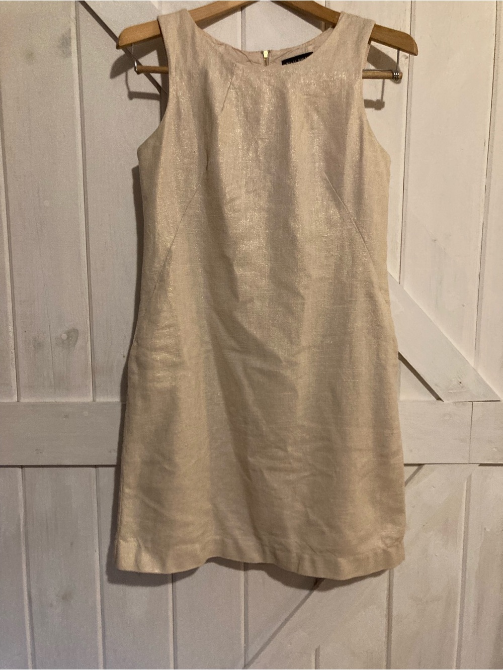 Willi Smith Sleeveless Mini Dress in Natural Cotton Linen with Gold accent threa